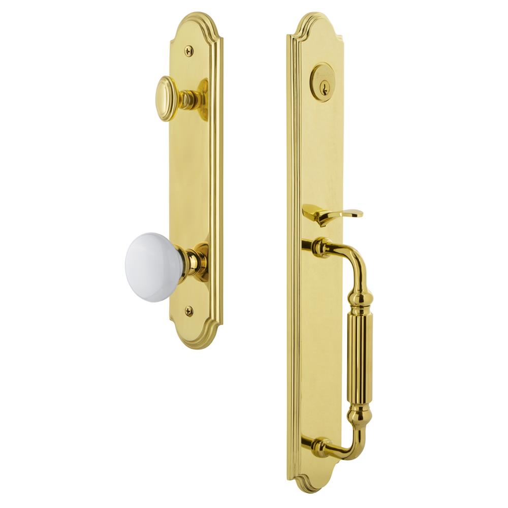 Grandeur by Nostalgic Warehouse ARCFGRHYD Arc One-Piece Handleset with F Grip and Hyde Park Knob in Lifetime Brass